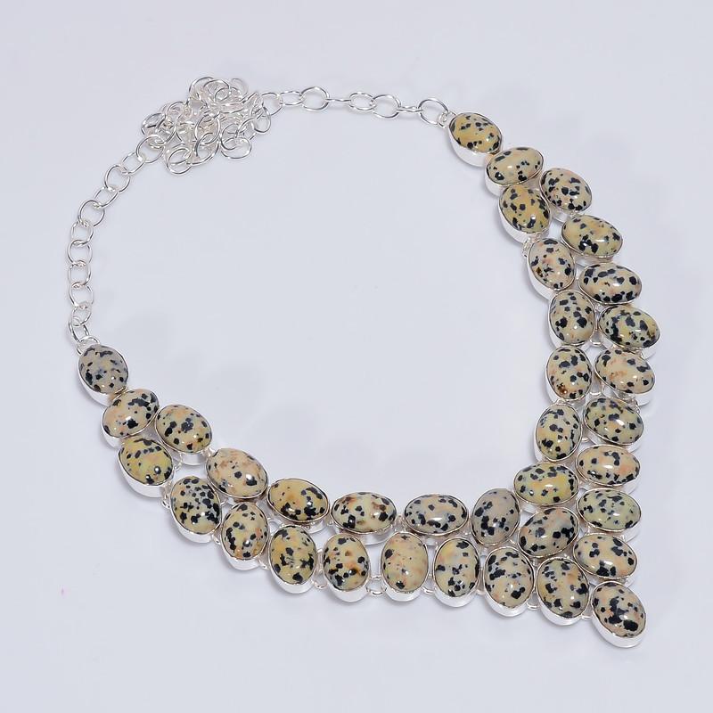 

Marvellous Top Grade Qualite 100% Natural Dalmatian Jasper Oval Shape Ethnic Style Handmade Jewelry 925 Steling Silver Necklace 19 WSJ-5122 срібний