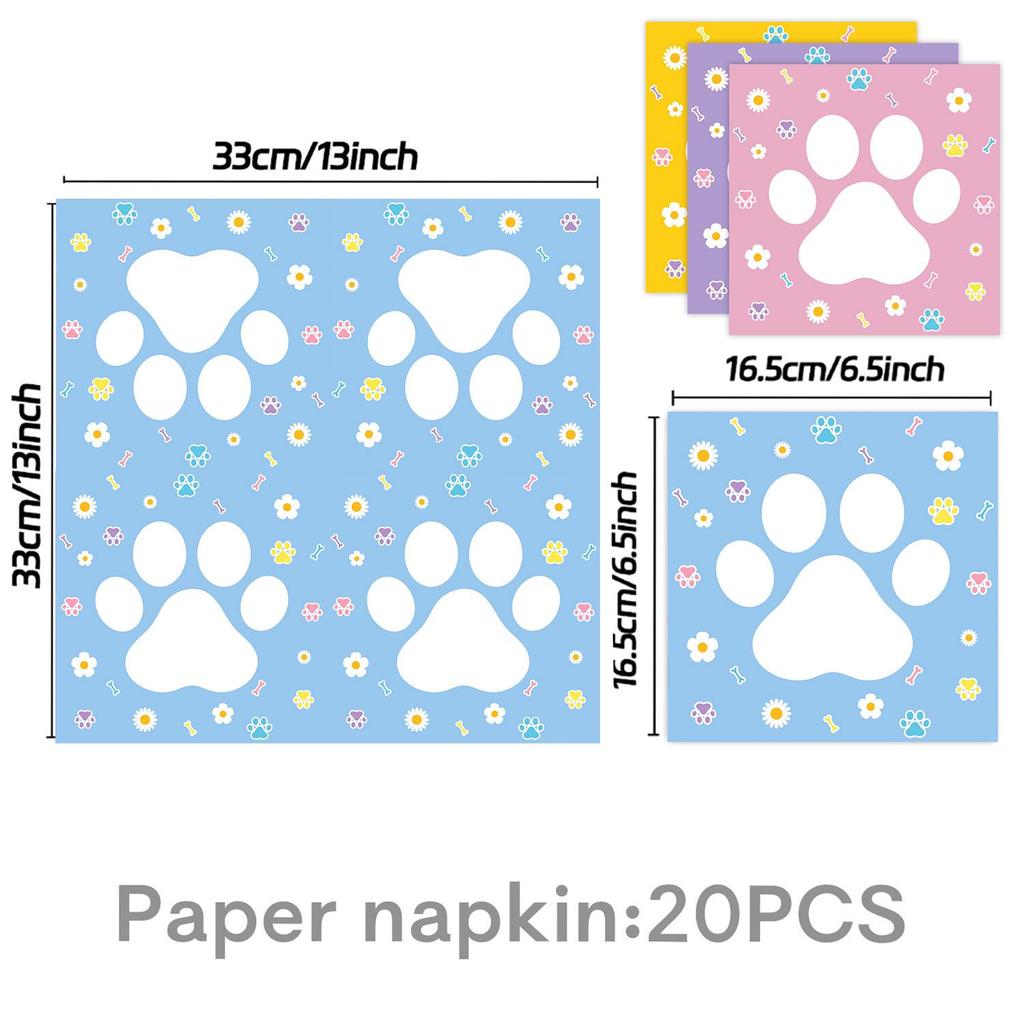 Cute Dog Paw Birthday Party Tableware Set: Cups, Napkins, Tablecloth, and Flags.