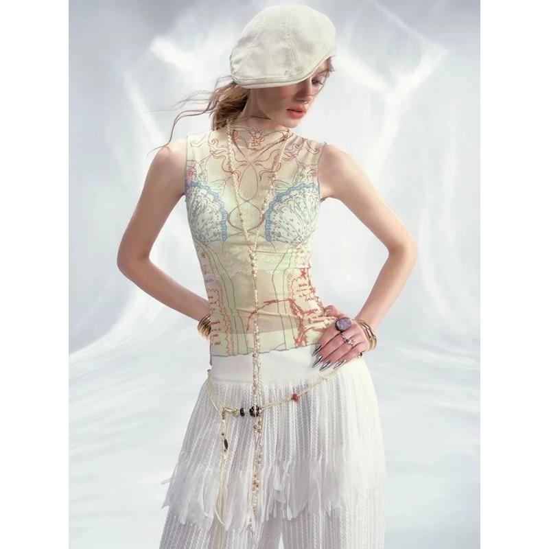 

Women s Art Print Sleeveless Top High Neck Form Fitted Casual Mesh Cami OneSize абрикосовий