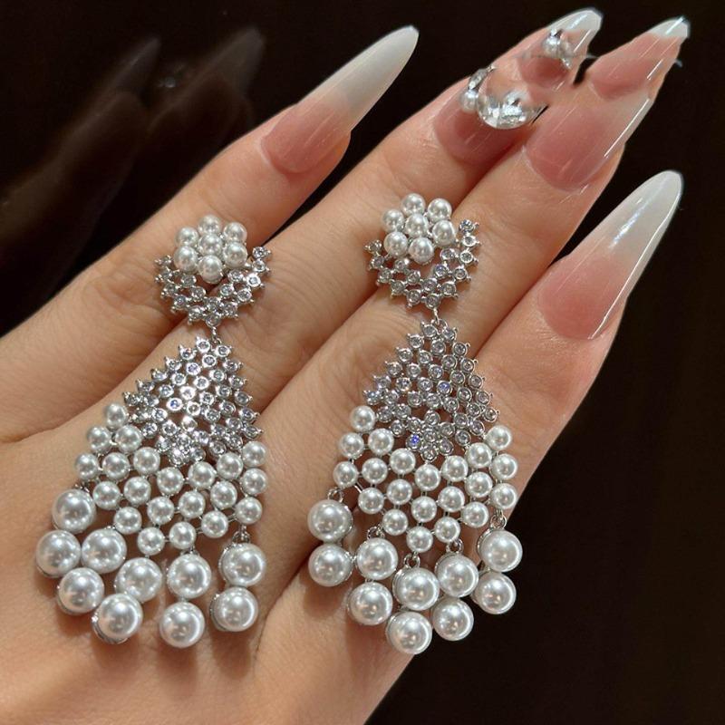 Silver Needle Diamond Drop Tassel Pearl Earrings Light Luxury Premium Versatile Earrings Court Style Retro Niche Earrings