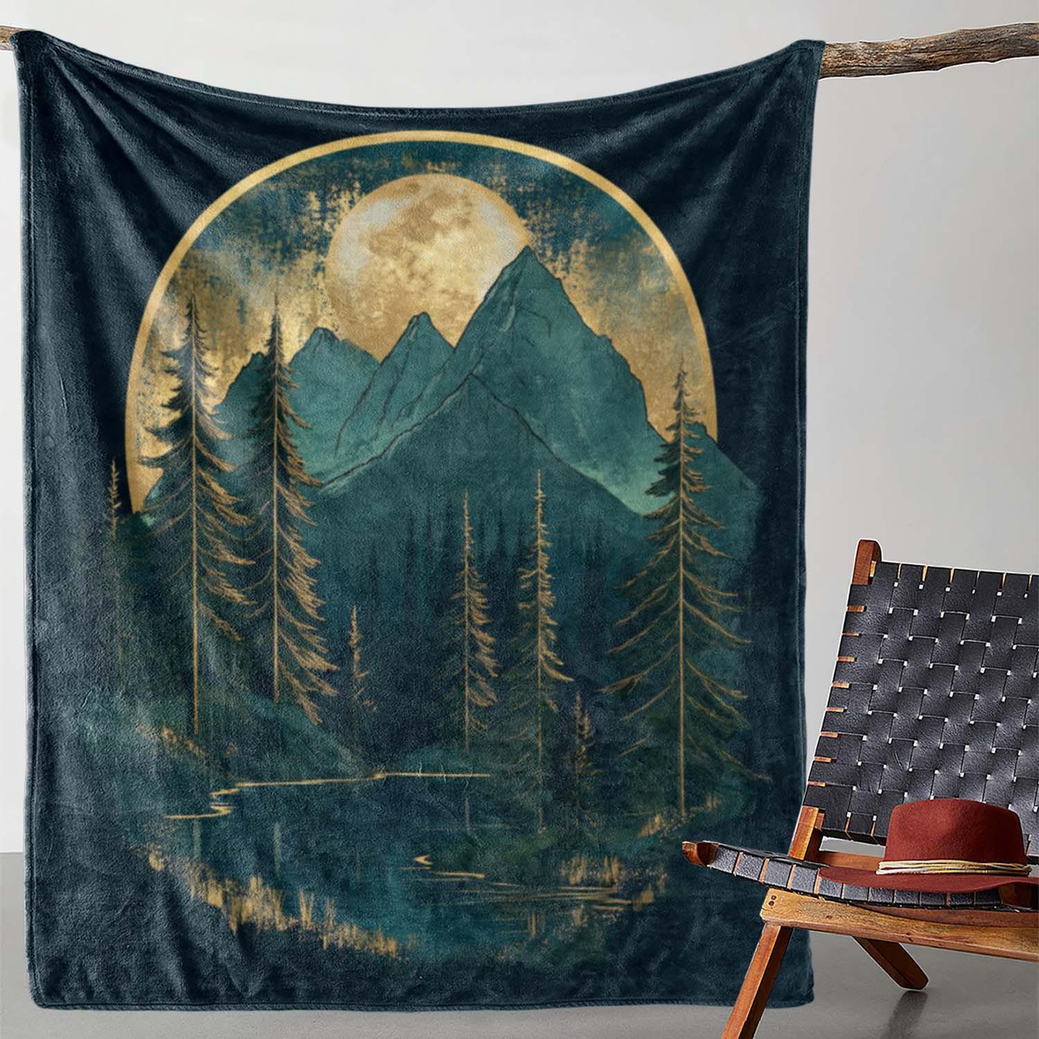 Rustic Forest Moon Blanket - Mountain Print Soft Flannel Throw 70x100cm