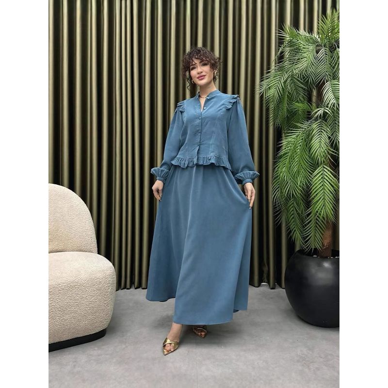 Western Style New Fashion Casual Stand Collar Long Sleeve Shirts Skirt Sets Shirt and Skirt Set