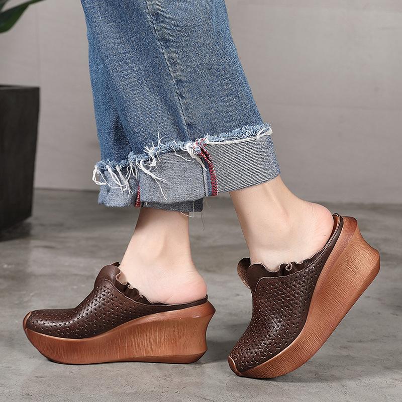 Fashion GKTINOO Women Leather Mules 9 CM High Heels Wedge Slippers Women Handmade Platform Genuine Leather Slippers Coffee Shoes 2024