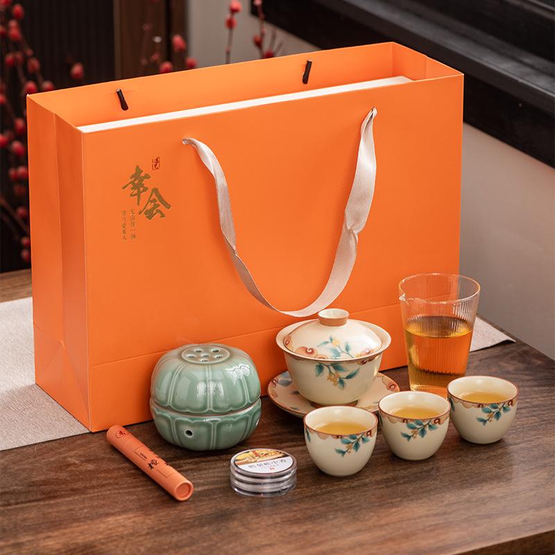 Ru kiln kung fu tea set gift box set teapot cover bowl incense burner high-end club leader business souvenir