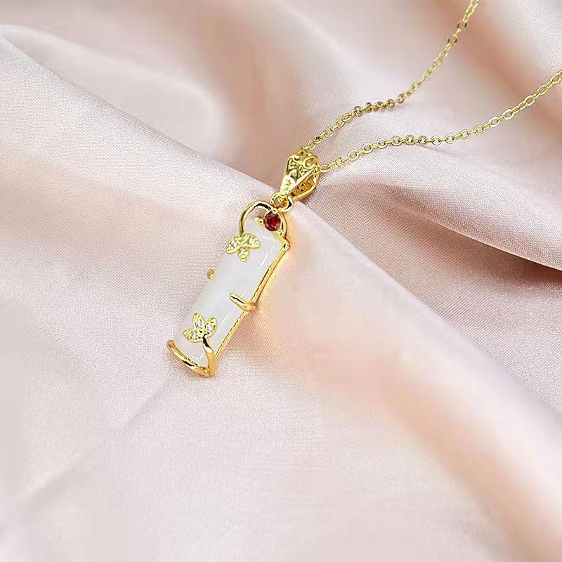 Retro Ethnic Style Safe Bamboo Necklace Women'S Titanium Steel Simulation Hetian Jade Trend Exquisite Collarbone Chain