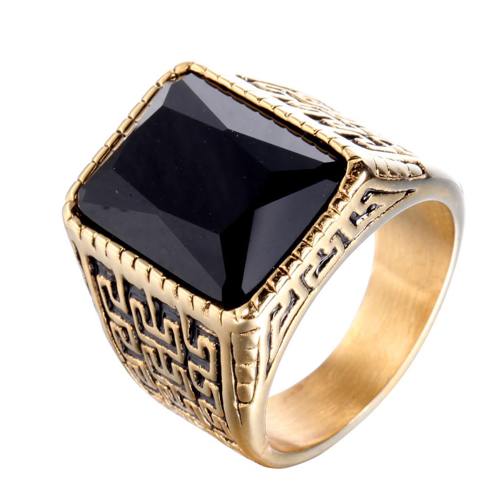 Geometric Carved Square Red Black 5A Zircon Diamonds Gemstones Rings Bague for Men 18k Gold Filled Stainless Steel Jewelry Cool