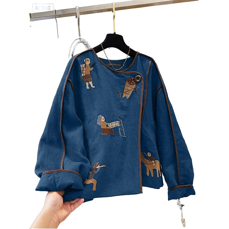 

ZANZEA Женская блузка с круглым вырезом, свободного кроя, повседневная, с длинным рукавом и принтом M темно-синий