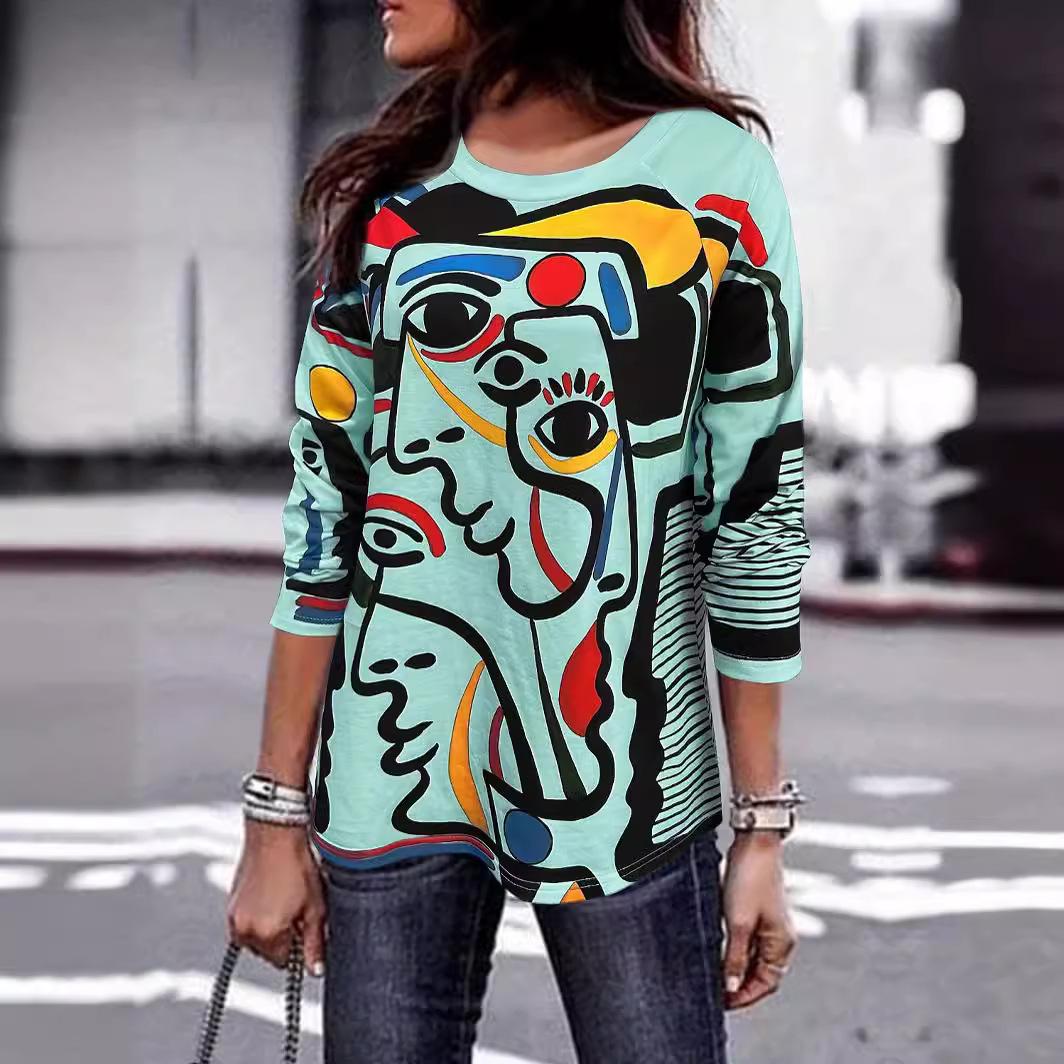 

Весенне-осенний топ с круглым вырезом и 3D-принтом в стиле абстрактного искусства, модная повседневная женская футболка с длинным рукавом 3XL