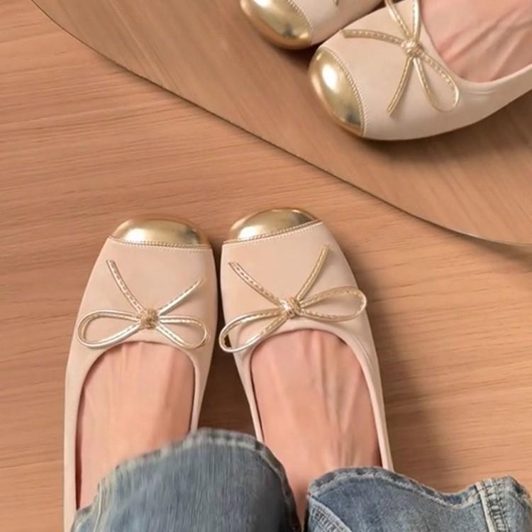 Sheepskin Version~ Genuine Leather French Flat Bottom Inner Height Increase Ballet Single Shoes Women's Bow Gentle Evening Shoes Mary Jane Shoes