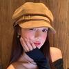 Belt Buckle Suede Octagonal Hat Brown Painter Hat Personality Pu Leather Beret  Streetwear