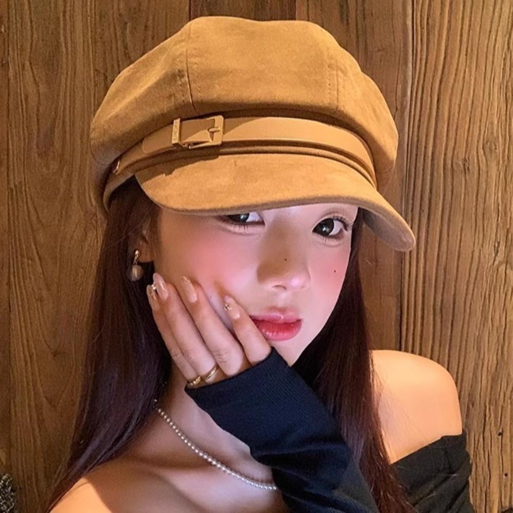 Belt Buckle Suede Octagonal Hat Brown Painter Hat Personality Pu Leather Beret Streetwear