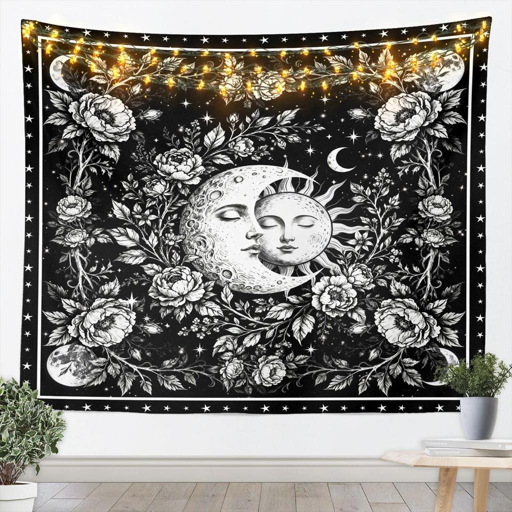 Bohemian Tapestry for Bedroom | Sun and Moon Wall Tapestry Aesthetic Antique Decor Cosmic Galaxy Tapestries, Universe Stars