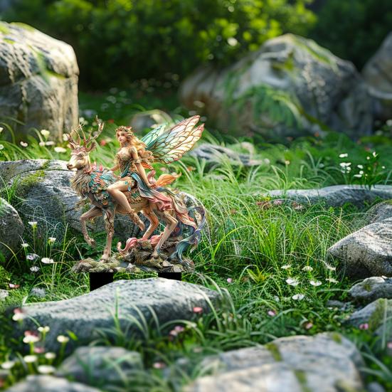 Fairy Deer Garden Stake, 2D Acrylic Fairy Tale Yard Art Stake, Forest Fairy Riding Deer Outdoor Decoration for Lawn Flower Bed Planter