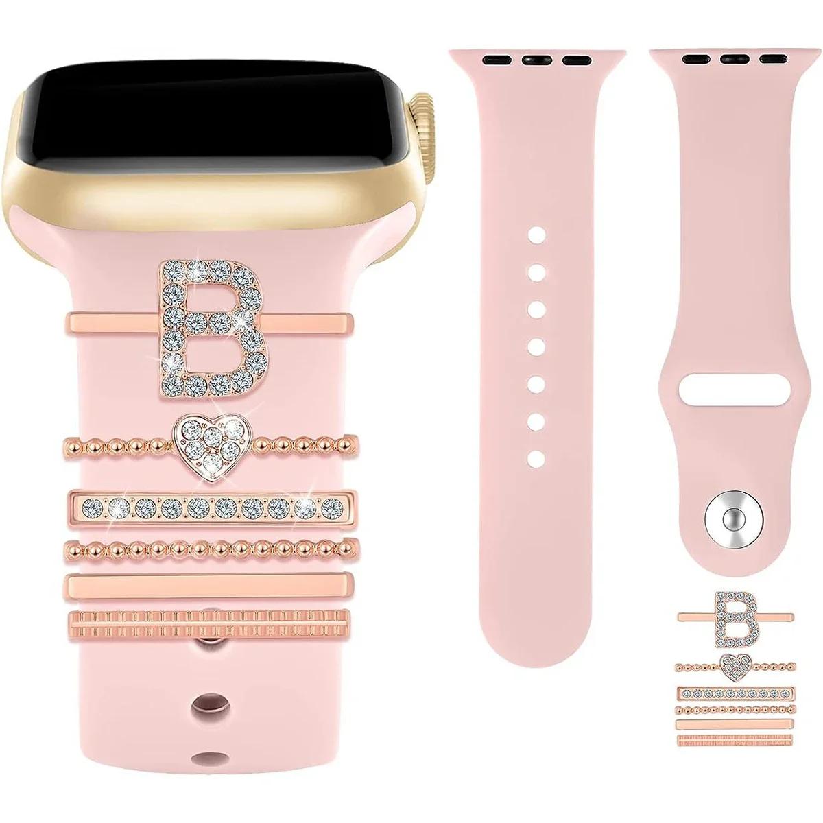 

A-Z Letter Silver Watch Band Ornament Silicone Strap Decoration Ring Jewelry Accessory for Apple Watch Band Bracelet Charms