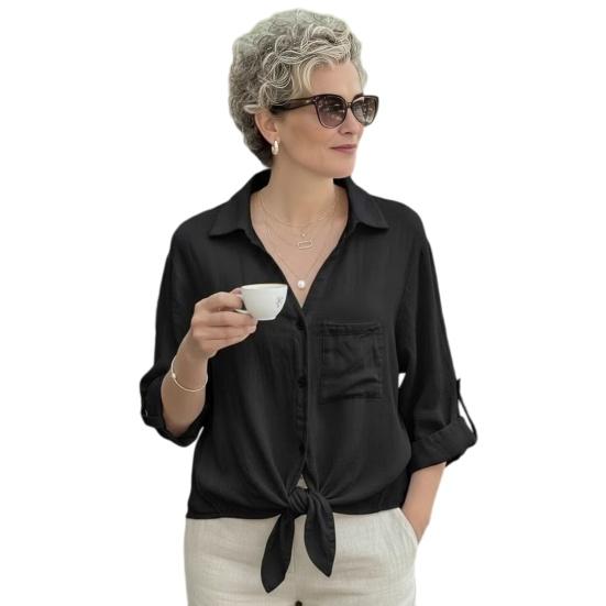 

Women Shirt Lapel Roll-up Long Sleeve Buttons Placket Lace-up Hem Shirt Tops Pure Color Loose Fit Lace Hollow Back Casual Blouse S чёрный