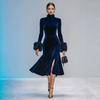 Elegant Velvet Bodycon Dress High Neck Long Sleeve Feather Detail Cocktail Party Wear