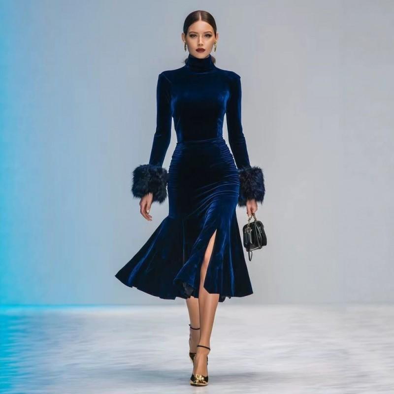 Elegant Velvet Bodycon Dress High Neck Long Sleeve Feather Detail Cocktail Party Wear