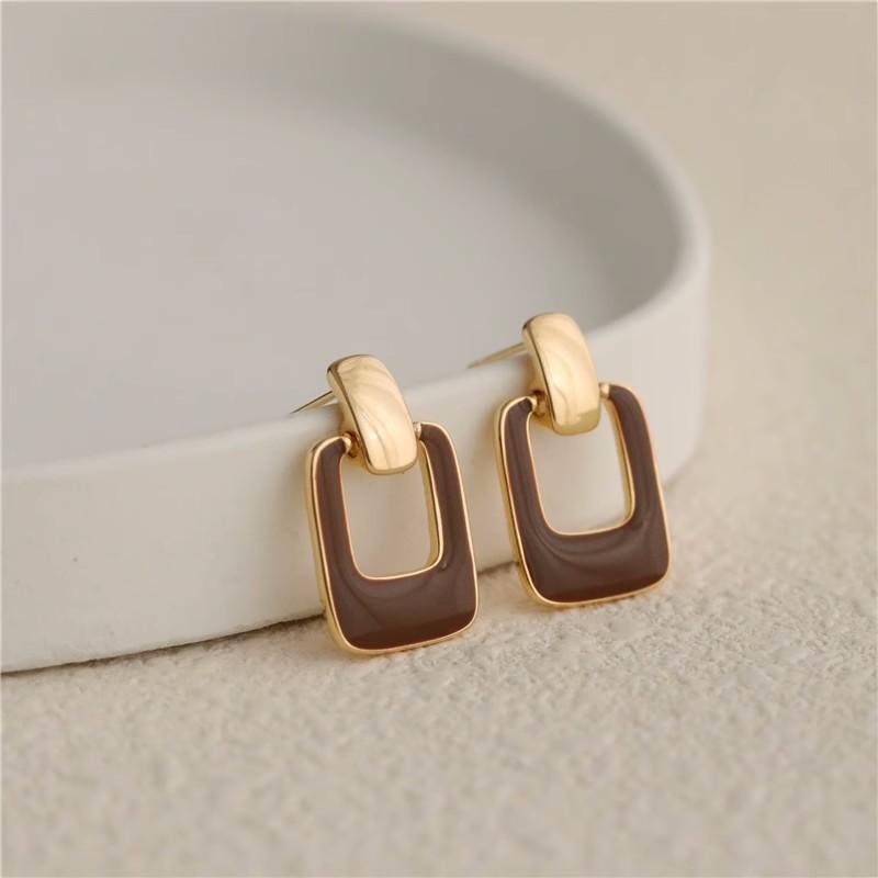 FTCY Vintage Brown Hollow Square Drop Earrings for Women Wedding Party Geometry Metal Earrings Trend Classic Women's Zircon