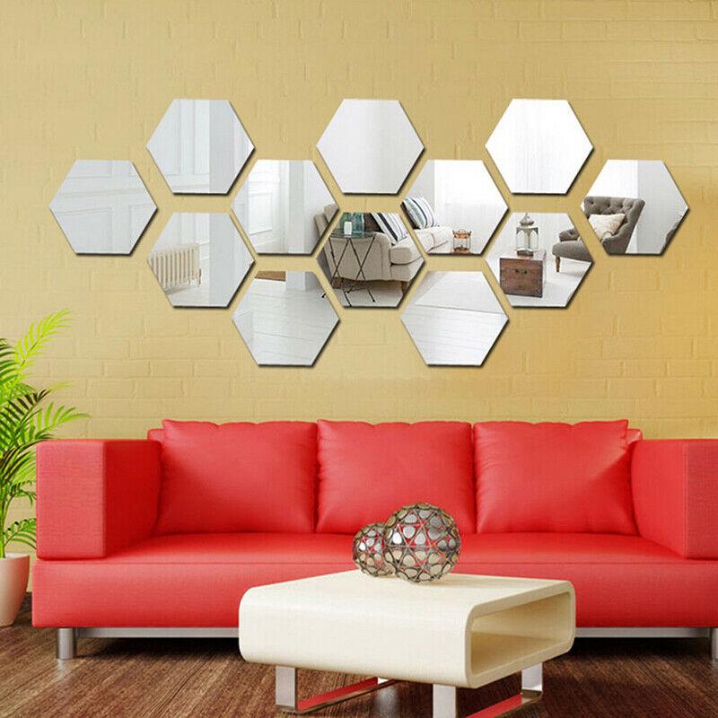 12pcs/set Colored Mirror Wall Sticker Hexagon Art Sticker DIY Decorative Mirror Tiles Sticker SELF Adhesive Household Decoration
