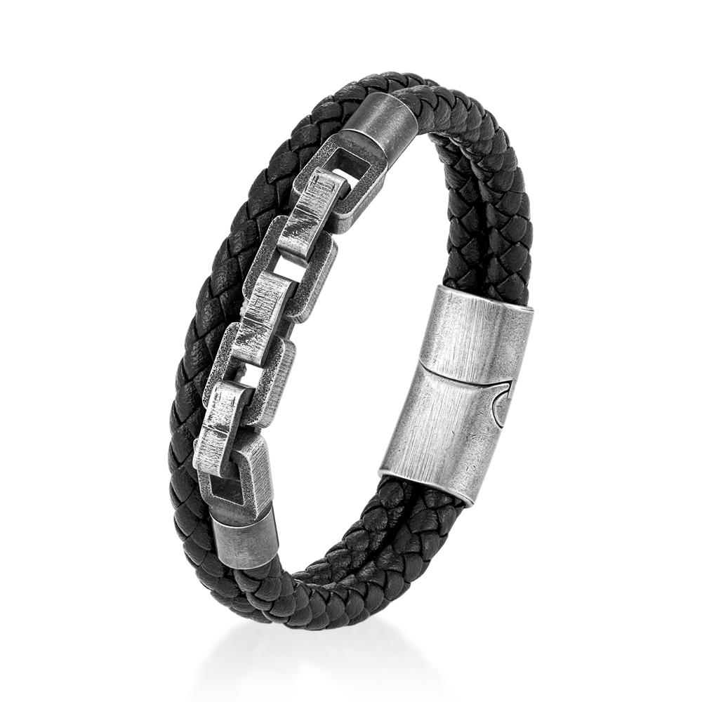 Retro Locomotive Men Punk Rock Bicycle Chain Double Strand Leather Bracelet Stainless Steel Magnet Buckle