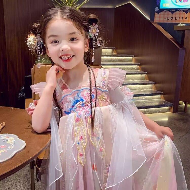 Girls Summer Hanfu Princess Dress - 2026 Tang Style Short Sleeve Fairy Costume Size 100