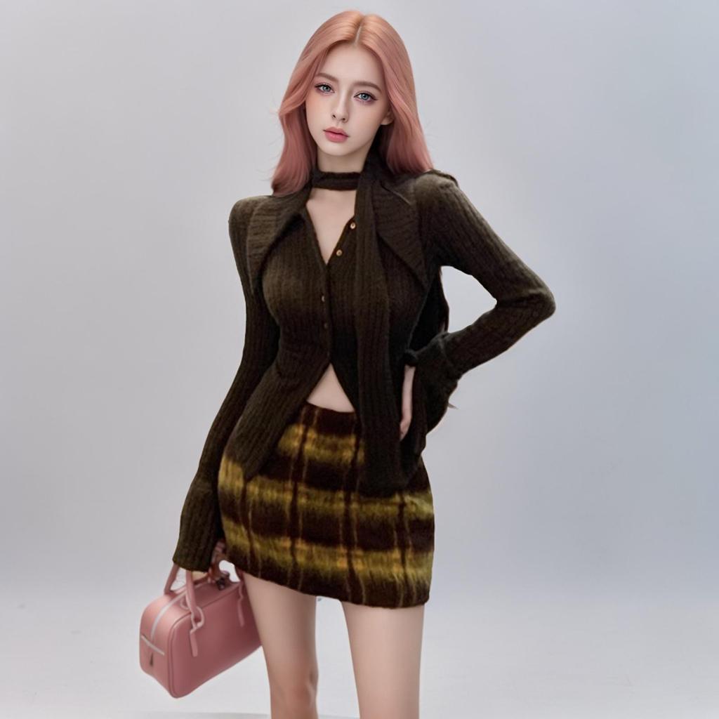 2024 Women's Plaid Cardigan and Hip-Wrapping Skirt Set - Long-Sleeve, Autumn/Winter
