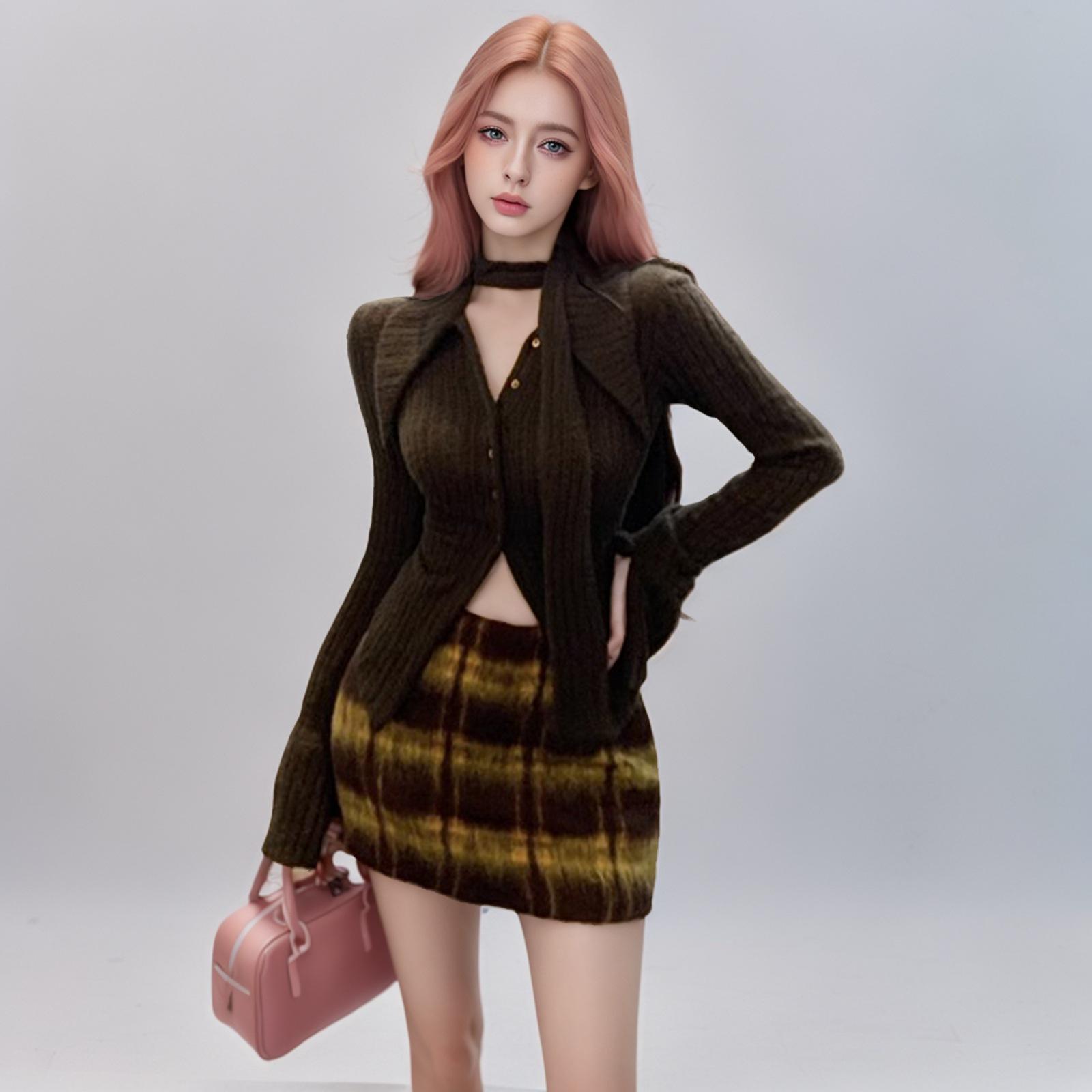 

Женский клетчатый кардиган и юбка с запахом на бедра - Комплект с длинным рукавом, Осень/Зима L