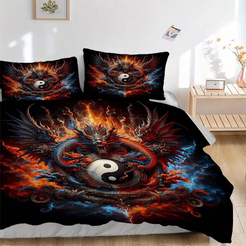 3pcs Flaming Dragon Yin Yang Bedding Set - 1 Soft Quilt Cover + 2 Pillowcases, Machine Washable - Suitable