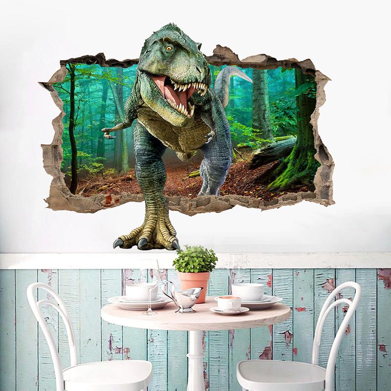 Jurassic Tyrannosaur Broken Wall Hole Art Stickers Jungle Dinosaur World Mural Self Adhesive For Home Decoration Aesthetic Rooms