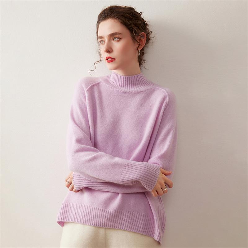 Women's Cashmere Knit Sweater - Solid Color, Half-High Collar, Loose Slimming Fit, Thick Drop Shoulder Sleeves for Autumn/Winter