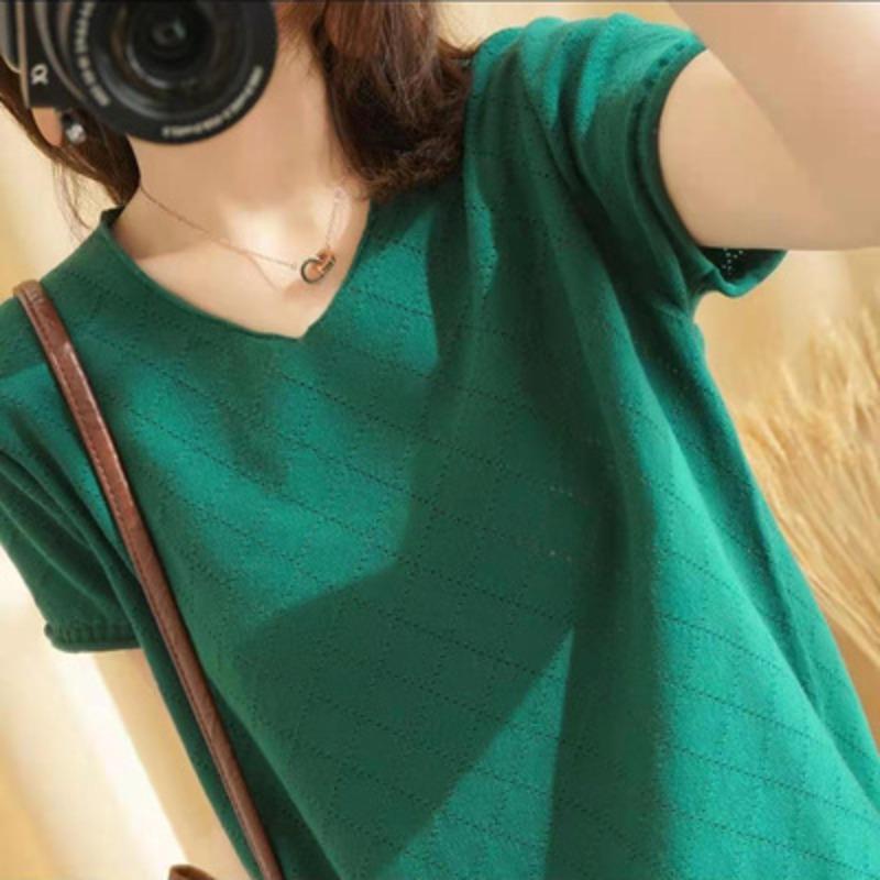 Pure Cotton V-neck Hollow Sweater Short-sleeved Women's Summer New Fashionable Versatile T-shirt Comfortable Breathable Thin Top