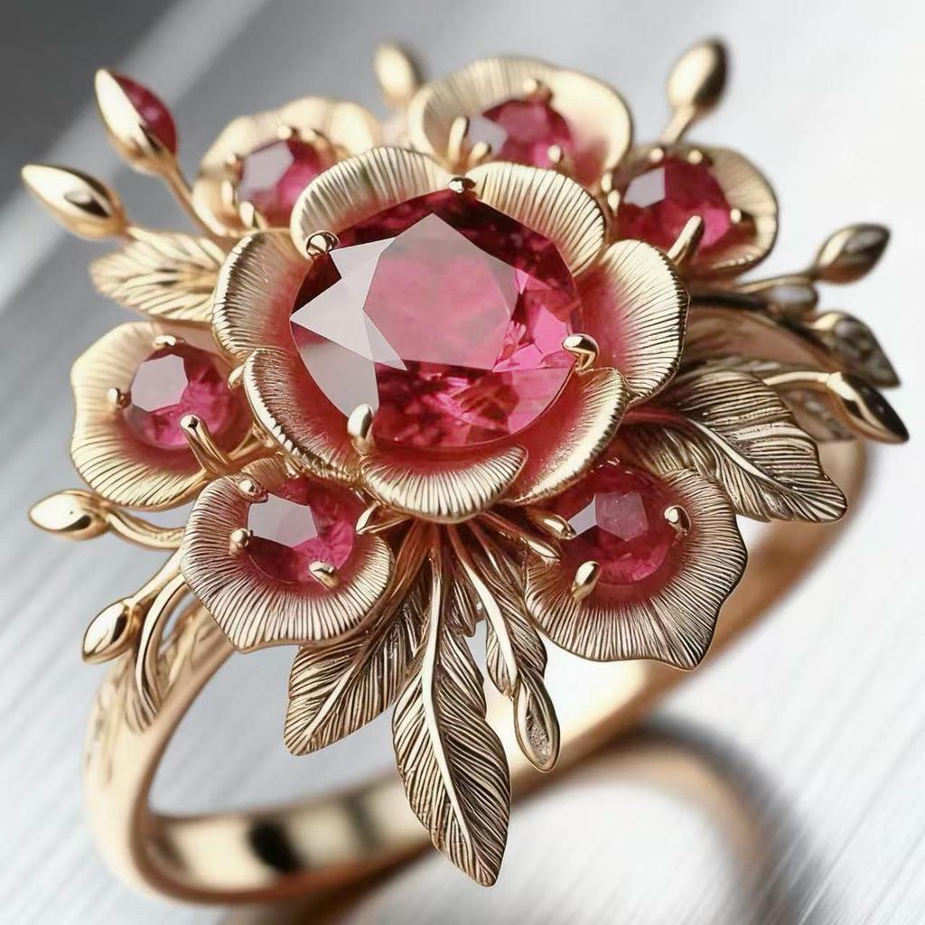 Exaggerated Gold Pink Diamond Flower Ring - 2026 Collection