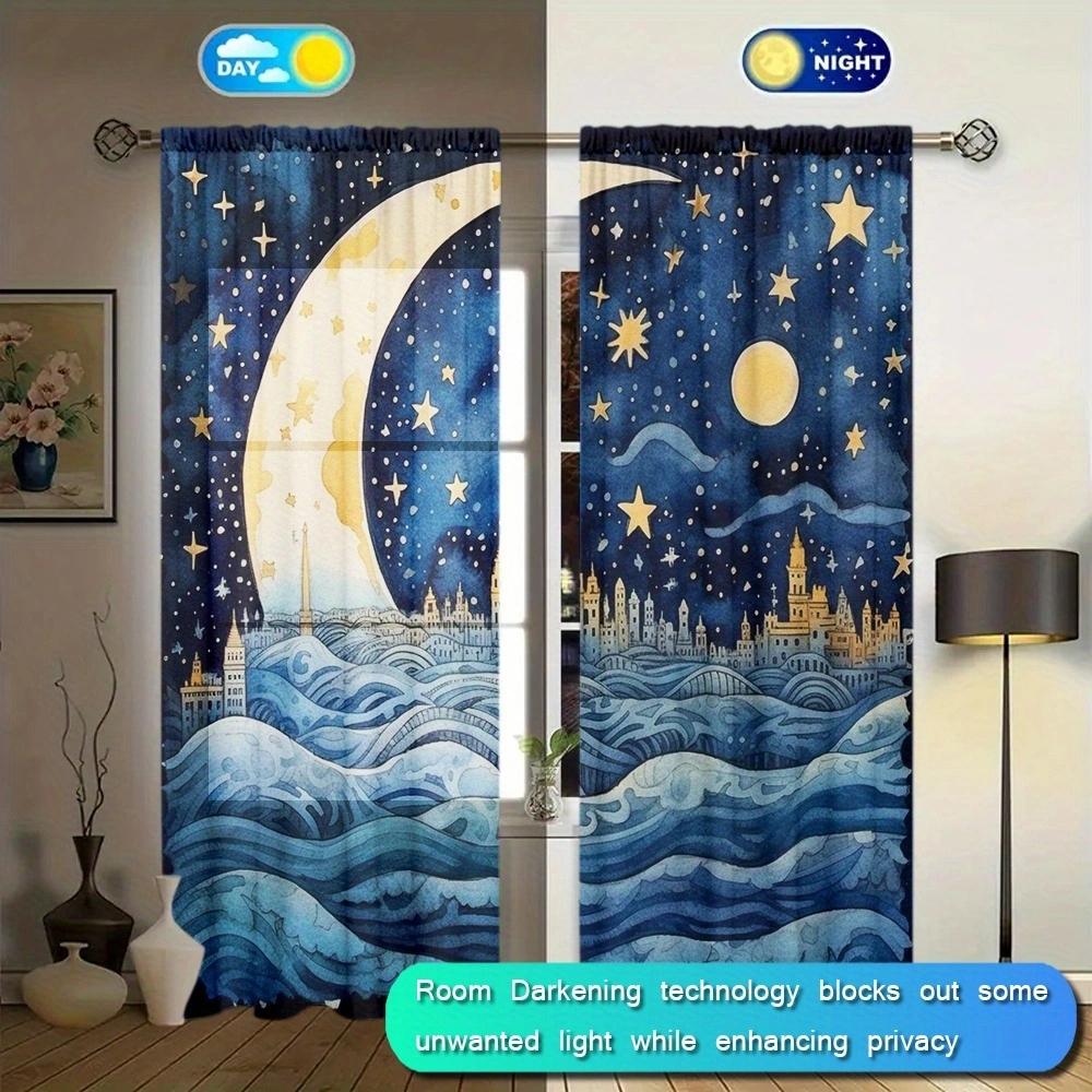 2PCS The Moon In Fairy Tales Printed Curtain for Home Decor-Rod Pocket Window Treatment for Bedroom, Kitchen, Living Room