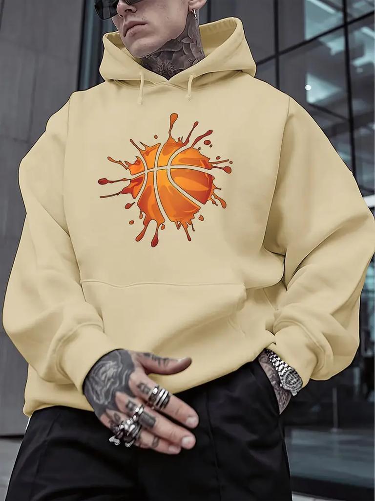Herren lässiges Kapuzensweatshirt - leuchtend rot BRO Basketballmuster Aufdruck, langärmeliger Pullover mit Vordertasche, maschinenwaschbar