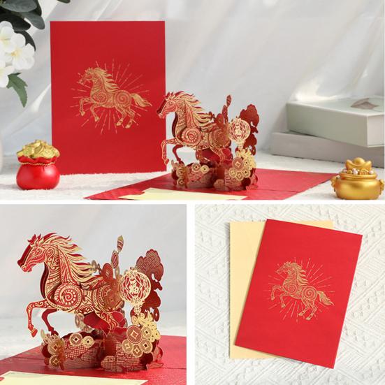 3D Pop-Up-hälsningskort för kinesiskt nyår 2026, hästens år, med kuvert, vårfestivalpresenter för familj och vänner