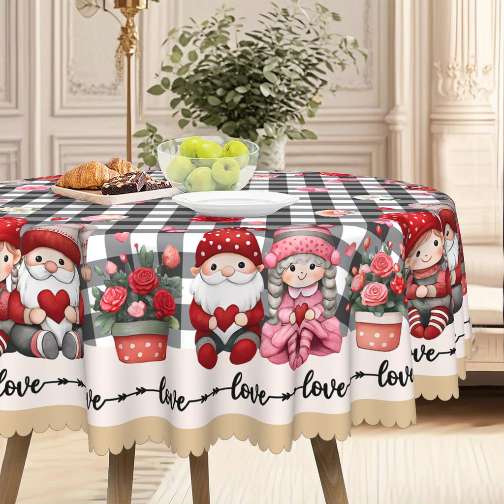 Cartoon Dwarf Plaid Shading Love Flower Round Tablecloth, Romantic Household Table Cloth, Restaurant Decoration