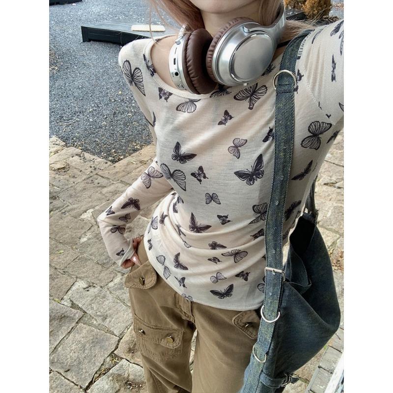 Autumn Winter O Neck Butterfly Printing Long Sleeve Bottomed T-shirt Women Long Sleeve Slim Tee Pullover Top