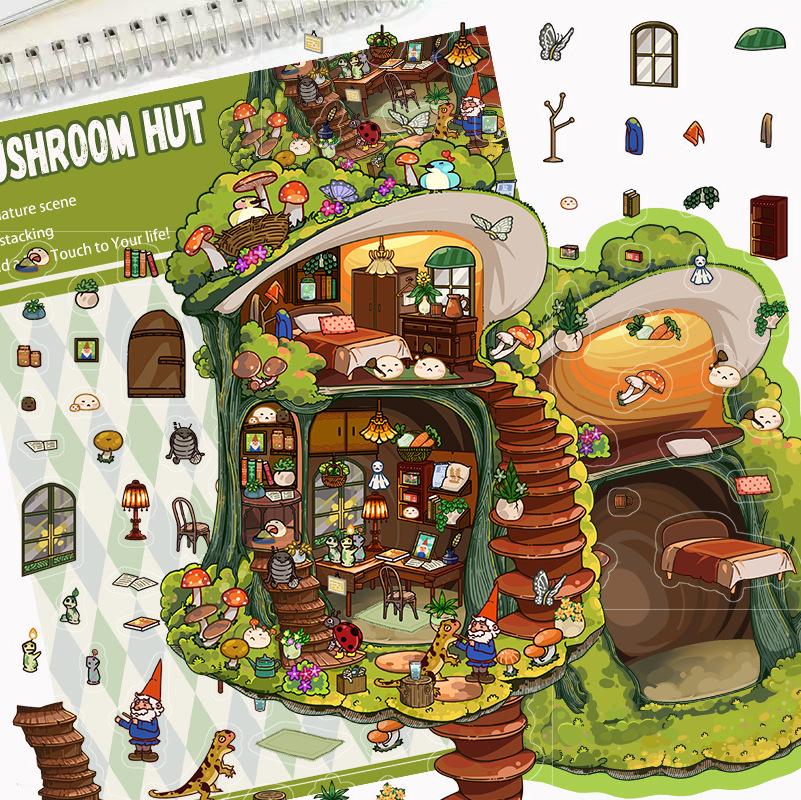 Cartoon Landscape Mushroom House Sticker Miniature World 3D House Unzip DIY Scene Manual Post