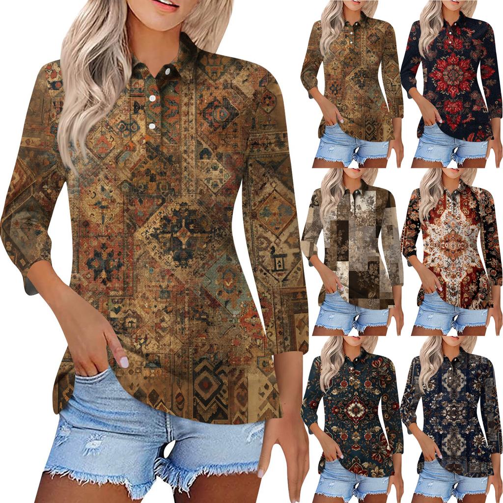 Women's Fashion Casual Lapel Short 3/4 Sleeve Print Shirt Women's Button Up Tops