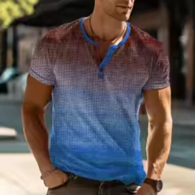 European and American semi-cardigan, casual short-sleeved digital printing slim-fit pullover Henry T-shirt top men's clothing