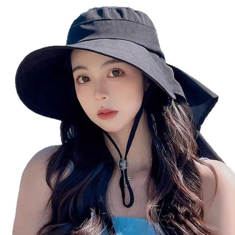with Shawl Sunshade Bucket Hat Big Bowknot Aiti UV Fishman Hat New Design Bow Sun Hat  Beach
