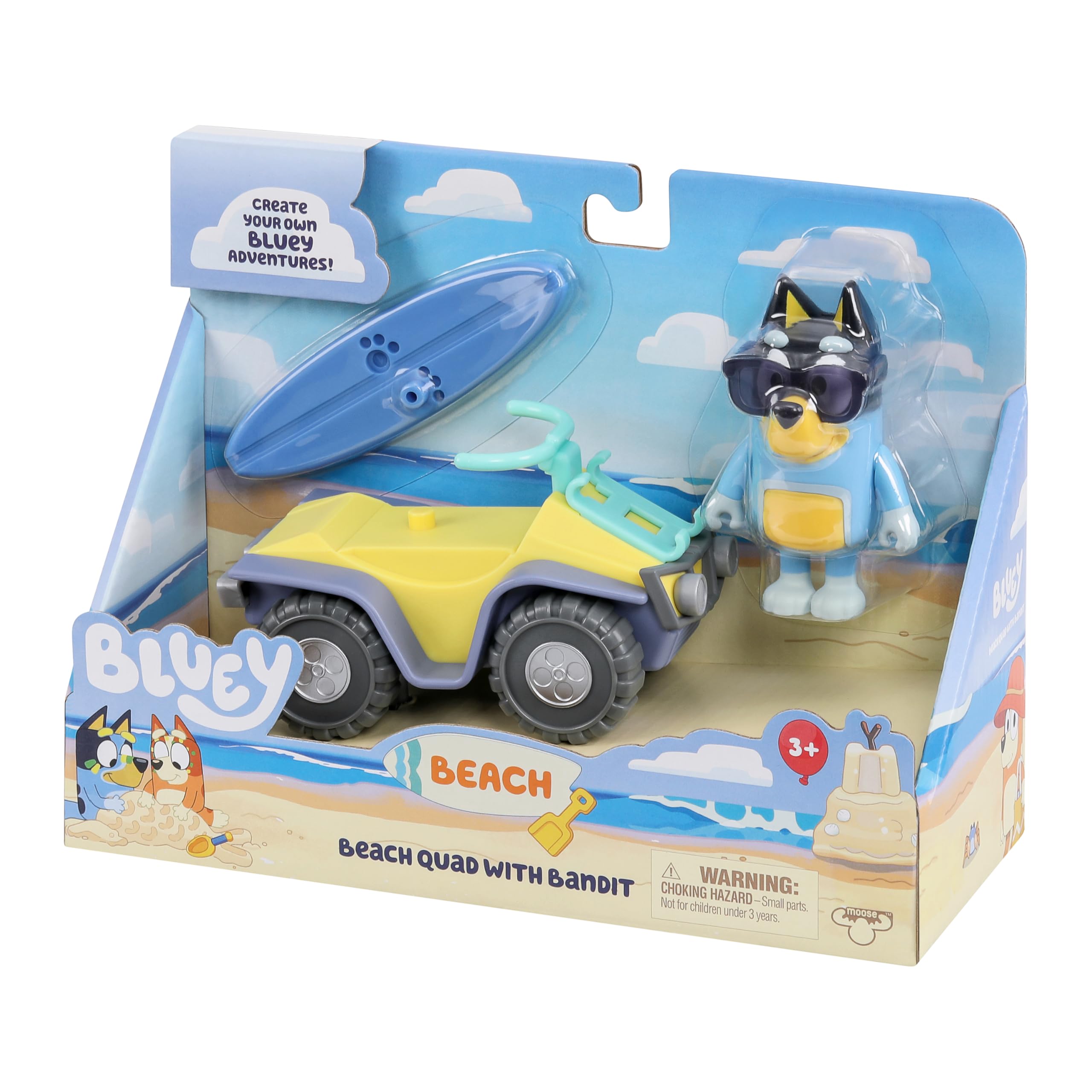 

Игровой набор Bluey Bandit Surf Beach, Подвижная фигурка Бандита 7,5 см, Набор пляжных игрушек с солнцезащитными очками, Квадроциклом и аксессуарами для серфинга