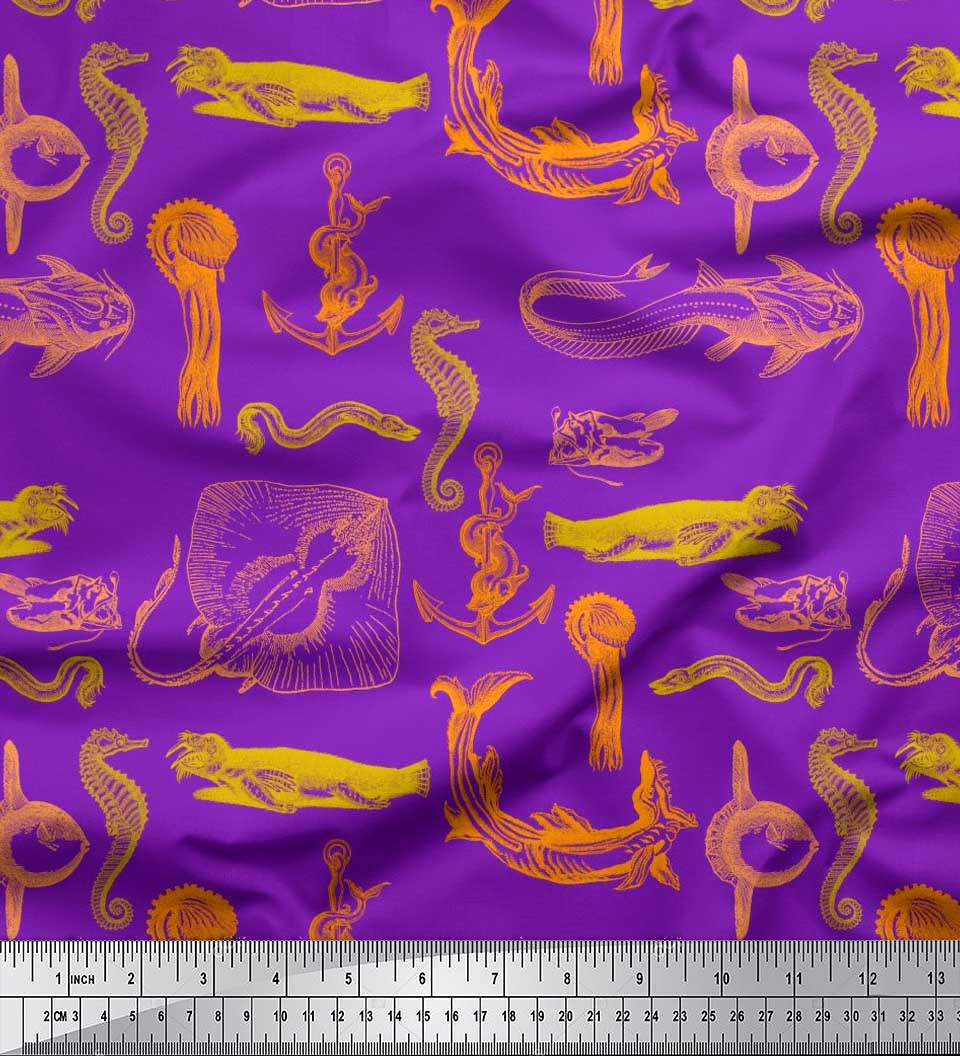 

Soimoi Japan Crepe Satin Тканина Морж, якірний гачок і скат Риба Океан Принт Швейна тканина метр 42 дюйма 42 Inch Wide - Poly Crepe Фіолетовий