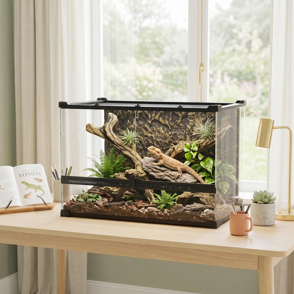 Reptile Enclosure, Back Panel, Twist-Lock Closure, Front Ventilation, 50 x 30 x 35 cm, Black