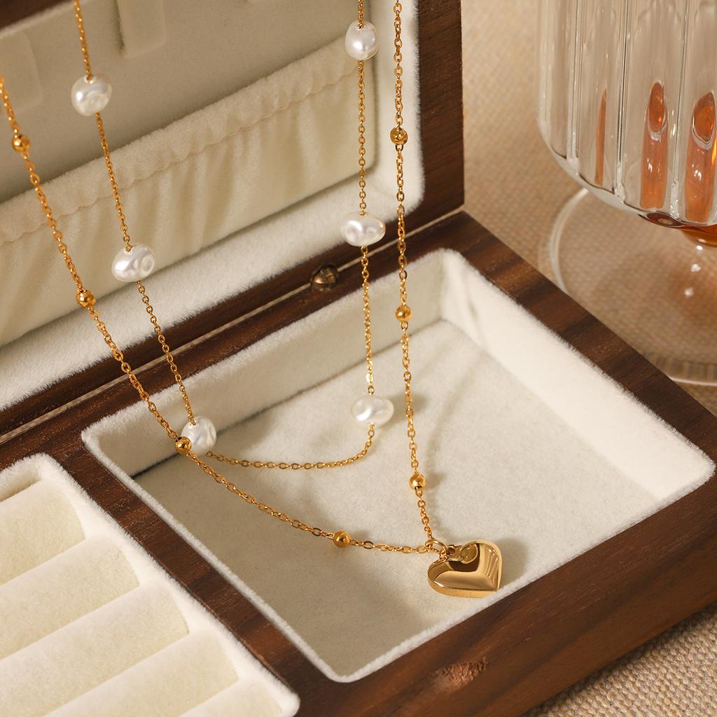 Layered Pearl Necklace With Heart Pendant Titanium Steel Choker For Women Elegant Collarbone Chain