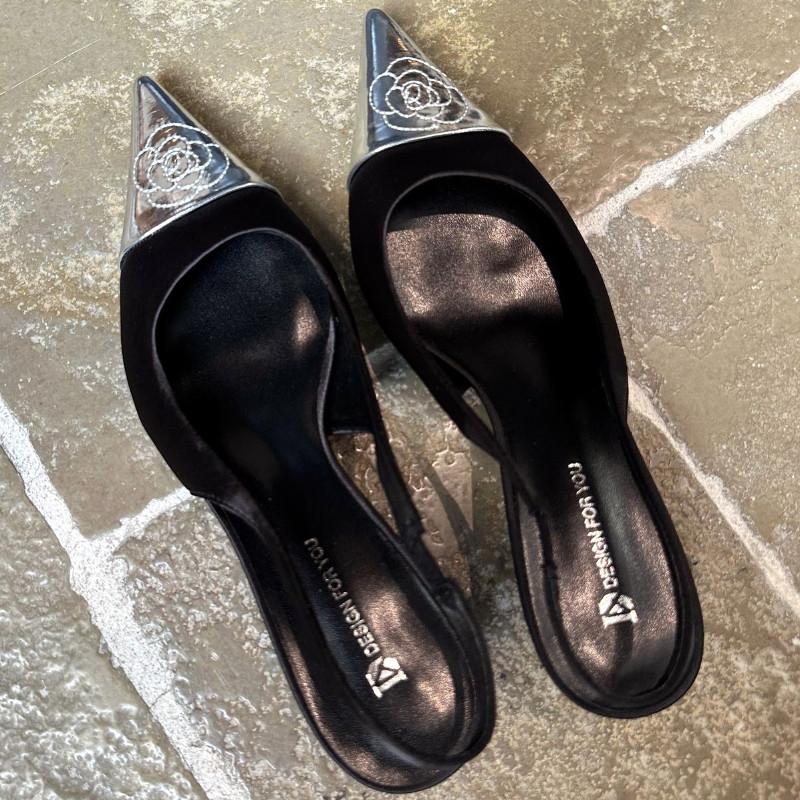 High Quality Pointed Toe Flower Women Sandal Shallow Back Strap Thin Heel Slide Sandals Summer Fashion Comfortable Designer Shoe