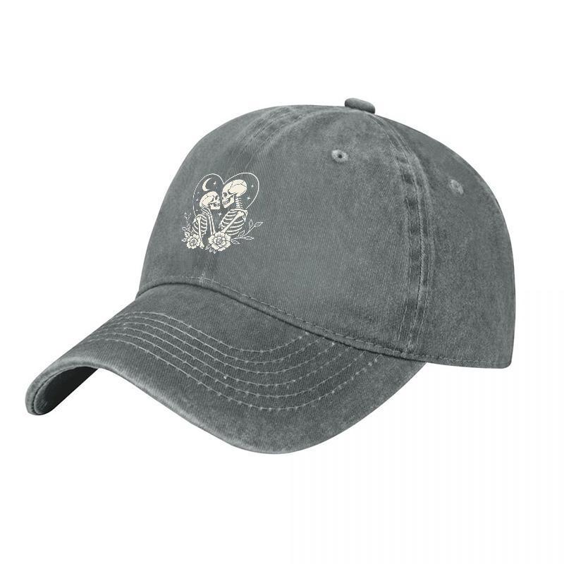 Skull Flower Embroidered Washed Cotton Baseball Cap Vintage Unisex Adjustable Hat for Daily Casual Wear