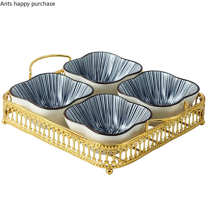 Ceramics Snack Platter Snack Bowl with Metal Frame Japanese-style Snacks Dried Fruit Dish with Golden Base Dim Sum Fruit Plate