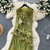 Autumn Winter Women Elegant 3D Flower Ruffles Miyake Fold Christmas Party Oversized Loose Lace-up Dresses