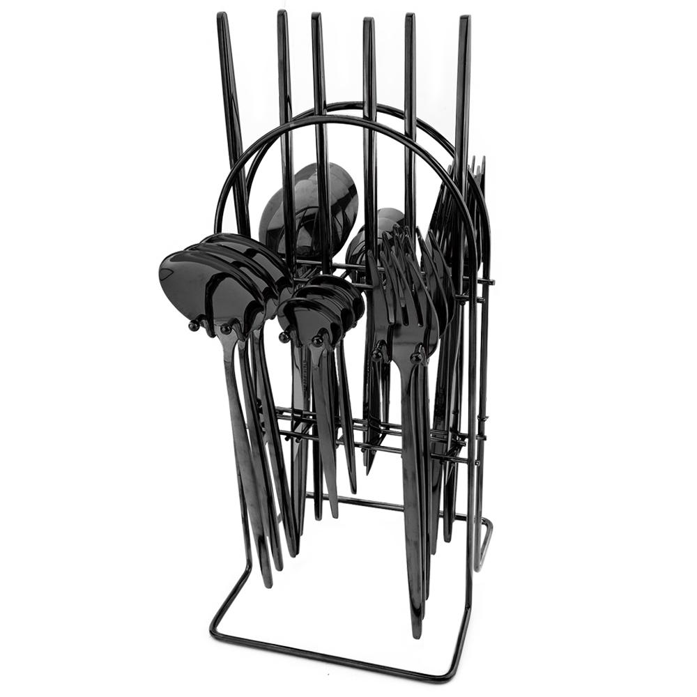 24stk sort gull servisesett rustfritt stål bestikksett kjøkkengaffel kniv skjeer servisesett bestikksett sølvtøy stativ